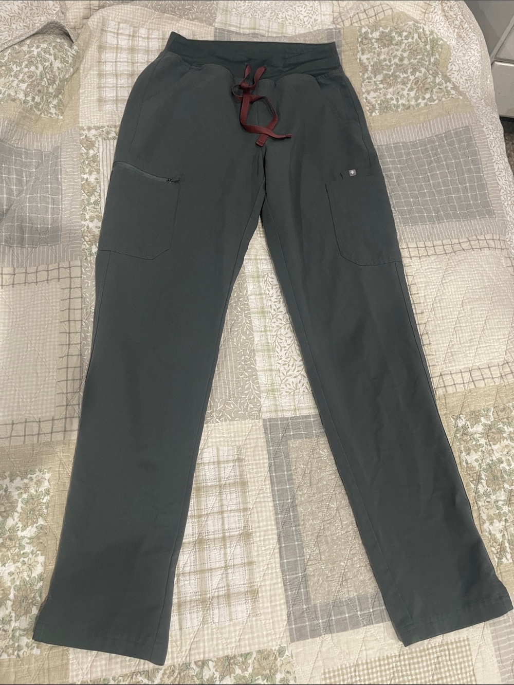 Figs Olive Green Women's straight leg with Burgundy Drawstring
